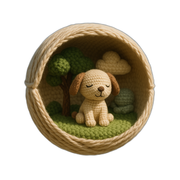 Cagnolino amigurumi in un gomitolo color avorio con scenetta natura