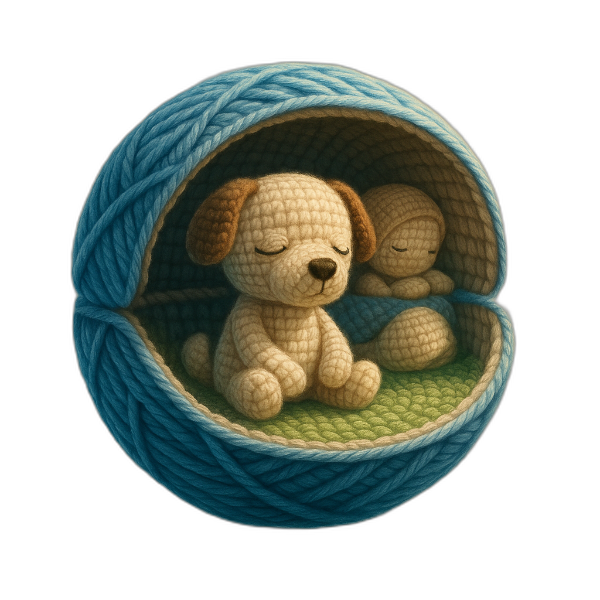 Cagnolini amigurumi in un gomitolo blu con coperta verde
