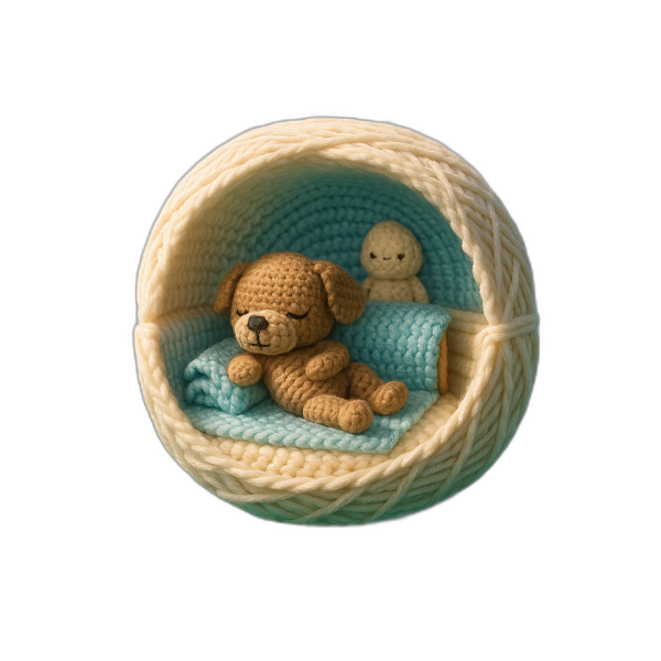 Cagnolino amigurumi in una culla di lana crema e azzurra